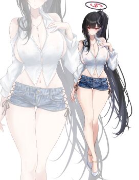 1girl absurdres alternate_costume bare_legs black_hair blue_archive blunt_bangs breasts bright_pupils button_gap cleavage commentary_request crossed_legs denim denim_shorts fingernails full_body halo highres huge_breasts jewelry large_breasts long_hair looking_at_viewer nail_polish navel necklace nipples no_bra noa_(skae3323) ponytail red_eyes rio_(blue_archive) see-through_clothes short_shorts shorts sideless_shirt simple_background single_sidelock thighs very_long_hair watson_cross white_background white_pupils zoom_layer