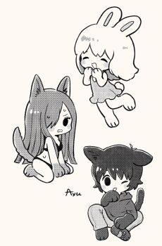 Rule 34 | 1boy, 2girls, :d, ;p, ^ ^, animal ears, artist name, ayu (mog), bare arms, bare shoulders, barefoot, blush stickers, bra, cat boy, cat ears, cat tail, chibi, chibi only, closed eyes, commentary, commentary request, dress, english commentary, full body, greyscale, hair over one eye, hood, hood down, hoodie, licking, licking hand, long hair, long sleeves, mixed-language commentary, monochrome, multiple girls, one eye closed, open mouth, original, panties, pants, rabbit ears, rabbit girl, rabbit tail, romaji commentary, short hair, simple background, sleeveless, sleeveless dress, smile, sweat, tail, tongue, tongue out, underwear, wolf ears, wolf girl, wolf tail