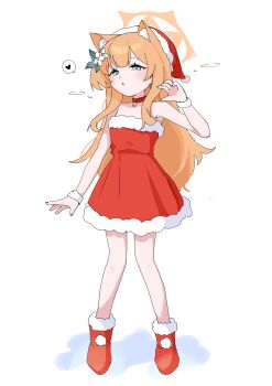 1girl absurdres alternate_costume animal_ear_fluff animal_ears bell blue_archive blue_eyes blush bobok boots choker commentary dress flower full_body fur_trim hair_flower hair_ornament halo hat heart highres long_hair looking_at_viewer mari_(blue_archive) neck_bell orange_hair red_dress red_hat red_shoes santa_costume santa_hat shoes simple_background solo spoken_heart strapless strapless_dress symbol-only_commentary white_background yellow_halo