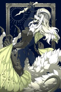 Rule 34 | 1girl, absurdres, antennae, arthropod girl, black sclera, black tongue, blue background, breasts, colored sclera, colored skin, dagger, forked tongue, green eyes, hair between eyes, highres, holding, holding dagger, holding knife, holding weapon, indie virtual youtuber, insect girl, juniper (artist), juniper actias, knife, lamia, long tongue, looking at viewer, monster girl, moth antennae, moth girl, moth hair ornament, picture frame, pointy ears, sharp teeth, teeth, tongue, virtual youtuber, weapon, white hair, white skin