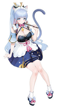 1girl absurdres adapted_costume animal_ears ayaka_(genshin_impact) blue_hair breasts cat_ears cat_tail cleavage closed_mouth detached_sleeves dress folded_fan folding_fan full_body genshin_impact hand_fan hand_up headdress highres holding holding_fan invisible_chair janload1ng large_breasts long_hair looking_at_viewer sandals short_sleeves simple_background sitting smile socks solo tabi tail white_background white_socks