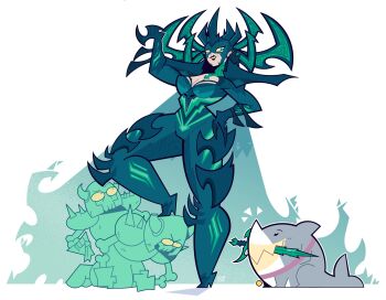 1girl 3boys absurdres animal_collar armor black_armor black_bodysuit black_lips bodysuit bone collar colored_sclera dagger fake_horns goodbyellow green_eyes hand_on_own_hip hela_(marvel) helmet high_heels highres horned_headwear horns jeff_(marvel) knife marvel marvel_rivals multiple_boys shark_boy shark_fin shoulder_armor simple_background skeleton very_long_cape weapon weapon_in_mouth white_background yellow_sclera