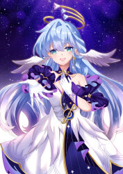 Rule 34 | 1girl, absurdres, aqua eyes, bare shoulders, chynia, detached sleeves, dress, earrings, facial mark, gloves, hair between eyes, halo, hand on own chest, head wings, highres, honkai: star rail, honkai (series), jewelry, long hair, looking at viewer, open mouth, purple dress, reaching, reaching towards viewer, robin (honkai: star rail), short sleeves, smile, solo, standing, star (symbol), starry background, teeth, two-tone dress, upper teeth only, white dress, white gloves, wings