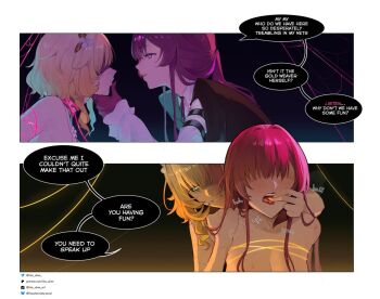 2girls aglaea_(honkai:_star_rail) aqua_eyes bdsm blonde_hair bluesky_username bondage bound breasts commentary english_commentary english_text finger_in_another&#039;s_mouth gloves honkai:_star_rail honkai_(series) kafka_(honkai:_star_rail) large_breasts lilac_alien long_hair looking_at_another multiple_girls parted_lips patreon_username ponytail purple_eyes purple_gloves saliva shirt smile speech_bubble tiktok_username tongue tongue_out twitter_username white_shirt yuri