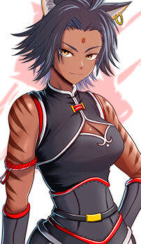 1girl animal_ear_piercing animal_ears armband bare_shoulders black_hair brown_eyes cleavage_cutout closed_mouth clothing_cutout commentary_request dark-skinned_female dark_skin eyelashes facial_mark forehead_mark highres kumanosigenium1 red_armband rwby short_hair sienna_khan sleeveless smile solo tiger_ears tiger_girl tiger_stripes upper_body