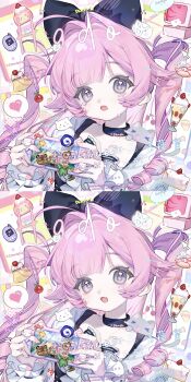 1girl absurdres ahoge black_bow blush bow cake choker collarbone dessert donut eyelashes fang food hair_bow hair_intakes heart highres holding image_sample juzi_doubanjiang looking_at_viewer mihuashi_sample open_mouth original pink_eyes pink_hair pudding ringlets sample_watermark sidelocks speech_bubble tears twintails upper_body watermark