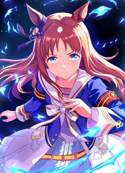 Rule 34 | 1girl, animal ears, armband, blue eyes, blue ribbon, bow, brown hair, closed mouth, commentary request, commission, ear ribbon, grass wonder (stone-piercing blue) (umamusume), grass wonder (umamusume), highres, horse ears, horse girl, kanon (flowercanon), long hair, long sleeves, looking at viewer, red armband, ribbon, skeb commission, skirt, solo, umamusume, white skirt