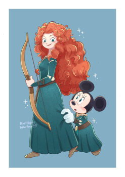 2girls absurdres blue_eyes bow_(weapon) brave_(pixar) commentary_request company_connection cosplay crossover curly_hair disney dress furry furry_female highres long_hair looking_at_another looking_at_viewer merida_(brave) merida_(brave)_(cosplay) mickey_mouse_&amp;_friends minnie_mouse multiple_girls orange_hair red_hair smile takatmaorange weapon