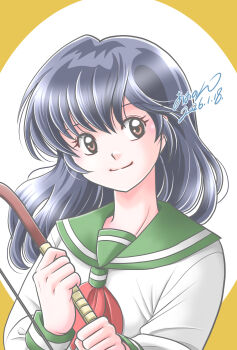 1girl aononmi bow_(weapon) brown_eyes closed_mouth commentary_request dated eyelashes green_sailor_collar highres higurashi_kagome holding holding_bow_(weapon) holding_weapon inuyasha long_hair long_sleeves neckerchief red_neckerchief sailor_collar shirt signature simple_background smile solo weapon white_shirt