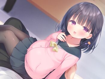 1boy 1girl black_hair blush braid cardigan flat_chest game_cg hair_ornament kazari_(mainichi_kiss_shite_lolita) large_variant_set looking_at_viewer mainichi_kiss_shite_lolita medium_hair non-web_source open_mouth pantyhose pink_cardigan pink_eyes pov pregnant side_braid sitting sitting_on_lap sitting_on_person skirt smile solo_focus usashiro_mani variant_set