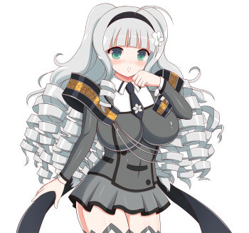 1girl :o absurdres ahoge armor black_hairband black_necktie blunt_bangs blush breasts buttons cleavage commentary covered_navel cowboy_shot double-breasted drill_hair drill_sidelocks english_commentary flower ginrei_(senran_kagura) green_eyes grey_hair grey_jacket grey_skirt hair_flower hair_ornament hairband helltzujih highres huge_breasts jacket linea_alba long_hair looking_at_viewer miniskirt multiple_drills necktie parted_lips pauldrons senran_kagura senran_kagura_new_wave shiny_skin shirt shoulder_armor sidelocks simple_background skirt solo thighhighs white_background white_shirt white_thighhighs