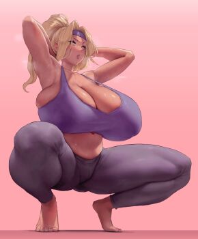 1girl armpits arms_behind_head arms_up barefoot blonde_hair breasts cleavage commentary curvy dark-skinned_female dark_skin eu03 exercising from_below full_body gigantic_breasts gluteal_fold gradient_background headband heavy_breathing high_ponytail highres leggings long_hair mature_female navel nvidia_mom_(eu03) original pants pink_background ponytail purple_sports_bra simple_background skindentation solo sports_bra squatting strap_gap sweat sweatband tiptoes toes yellow_eyes yoga_pants