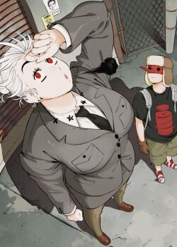 1boy 1girl :o alternate_hairstyle arm_up arms_at_sides backpack bag black_necktie black_shirt breast_pocket breasts breath brown_gloves brown_hat brown_shoes brown_shorts building business_suit buttons cargo_shorts chain-link_fence closed_mouth collared_shirt door dorohedoro ear_piercing earrings english_text expressionless eye_mask fence flyer formal_clothes from_above fujita_(dorohedoro) full_body giganticbuddha gloves grey_jacket grey_skirt hair_bun hat have_you_seen_this_man_(meme) highres jacket jewelry large_breasts long_sleeves looking_at_another looking_up mask meme multicolored_shoes necktie noi_(dorohedoro) office_lady open_mouth outdoors pantyhose pencil_skirt perspective piercing pocket poster_(object) red_eyes red_shoes shadow shirt shoes short_hair short_sleeves shorts sidewalk skirt smoke standing stud_earrings suit t-shirt tareme this_man two-tone_shoes ushanka white_hair white_shirt white_shoes