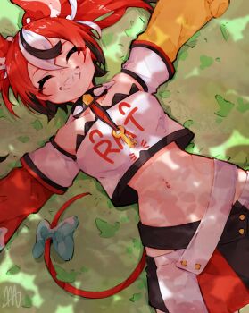 1girl absurdres animal_ears asymmetrical_sleeves black_skirt black_streaks bow breasts closed_eyes collar crop_top dappled_sunlight grass grin hakos_baelz hakos_baelz_(1st_costume) highres hololive hololive_english ma_draws medium_breasts mismatched_sleeves mouse_ears mouse_girl mouse_tail multicolored_skirt navel outdoors red_hair red_skirt red_sleeves sharp_teeth shirt skirt smile solo spiked_collar spikes sunlight tail tail_bow tail_ornament teeth virtual_youtuber white_hair white_shirt white_skirt yellow_sleeves