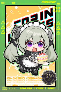 1girl apron artist_name black_dress blush cake chain character_name chibi chibi_only commentary copyright_name corin_wickes dress english_commentary food green_hair hair_between_eyes highres holding holding_tray long_hair maid maid_headdress open_mouth puffy_short_sleeves puffy_sleeves purple_eyes screw_hair_ornament short_sleeves sizna_(sangrde) solo strawberry_cake tray twintails white_apron zenless_zone_zero