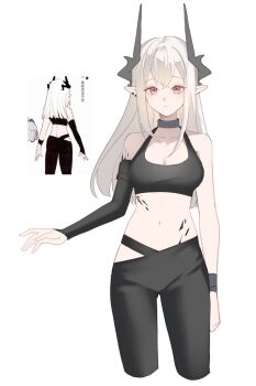 Rule 34 | 1girl, arknights, black collar, black horns, black leggings, black sleeves, black sports bra, breasts, cleavage, closed mouth, collar, collarbone, commentary request, crop top, cropped legs, detached sleeves, highres, horns, korean commentary, leggings, long hair, long sleeves, material growth, medium breasts, mudrock (arknights), mudrock (elite ii) (arknights), navel, oripathy lesion (arknights), pink eyes, pointy ears, reference inset, sacha (un 782), simple background, single detached sleeve, solo, sports bra, standing, white background, white hair, wristband