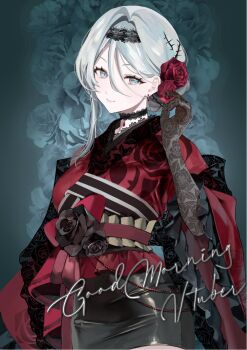 1girl black_flower black_rose blue_eyes commentary_request cowboy_shot floral_print floral_print_kimono flower gloves hair_between_eyes hair_bun hair_flower hair_ornament hairband highres indie_virtual_youtuber japanese_clothes kimono lace lace_gloves looking_at_viewer nxmly obi print_kimono red_flower red_kimono red_rose red_sash rose sash second-party_source white_hair