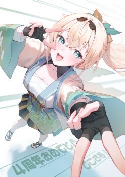 1girl absurdres black_gloves black_sandals breasts chest_sarashi double_v fingerless_gloves gloves highres hololive japanese_clothes kazama_iroha kazama_iroha_(1st_costume) looking_at_viewer medium_breasts medium_hair open_mouth pantyhose ponytail sandals sarashi smile teeth tsubasasekai upper_teeth_only v v_over_eye virtual_youtuber white_pantyhose