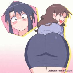 2girls animated ass ass_focus ass_shake azumanga_daiou bent_over blush brown_hair embarrassed inkerton-kun kurosawa_minamo multiple_girls pencil_skirt skirt smug sweat tagme tanizaki_yukari video yuri
