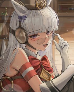 1girl absurdres animal_ears armband blunt_bangs blush bookshelf bow bowtie breasts brown_hat dress ear_bow glasses gloves gold_ship_(red_strife)_(umamusume) gold_ship_(umamusume) grey_hair hat highres horse_ears horse_girl indoors long_hair looking_at_viewer open_mouth pillbox_hat purple_bow purple_eyes red_armband red_dress riuv187567 sleeveless sleeveless_dress smile solo striped_armband striped_clothes teeth umamusume upper_body white_armband white_gloves