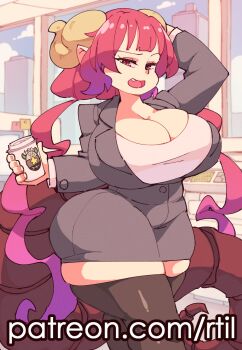 1girl absurdres black_thighhighs breasts cleavage cup eyelashes female_focus highres horn huge_breasts ilulu_(maidragon) kobayashi-san_chi_no_maidragon looking_at_viewer matching_hair/eyes office_lady open_mouth pointy_ears red_eyes red_hair rtil shiny_clothes shirt skindentation smile solo standing thick_thighs thighhighs thighs white_shirt wide_hips zettai_ryouiki