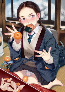 1girl barefoot between_thighs black_hair blush braid breasts clothes_lift commentary_request food freckles fruit grey_eyes haori indoors japanese_clothes kotatsu large_breasts long_hair looking_at_viewer mandarin_orange mouth_hold necktie original panties print_panties senbei sitting skirt skirt_lift smile solo sweater table tomiyama_akiji twin_braids underwear wariza winter