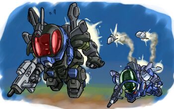 aoki_ryuusei_spt_layzner canopy_(aircraft) chibi clenched_hand dtol flying gun holding holding_gun holding_weapon layzner looking_down mecha mecha_focus missile moukin_punch robot sky smoke weapon yellow_eyes