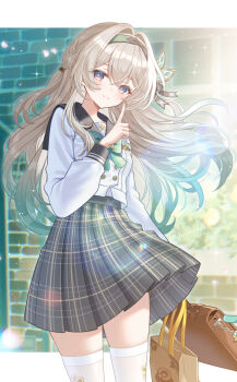1girl black_sailor_collar blue_hair blush bow brick_wall briefcase brown_hair closed_mouth commentary_request firefly_(honkai:_star_rail) firefly_(spring_missive)_(honkai:_star_rail) gradient_hair green_bow grey_skirt hair_between_eyes hair_intakes hand_up highres honkai:_star_rail honkai_(series) index_finger_raised long_hair long_sleeves looking_at_viewer multicolored_hair myusha plaid_bow plaid_clothes plaid_skirt pleated_skirt puffy_long_sleeves puffy_sleeves red_eyes sailor_collar school_briefcase school_uniform serafuku shirt skirt smile solo thighhighs very_long_hair white_shirt white_thighhighs