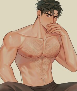 1boy aegyo_sal antenna_hair black_hair chest_hair closed_mouth collarbone commentary curtained_hair english_commentary feet_out_of_frame fingernails hair_behind_ear hair_between_eyes hand_on_own_face hand_to_own_mouth hand_up highres male_focus mastectomy_scar mole mole_under_eye muscular muscular_male navel nipples one_eye_closed original pectorals scar scar_on_chest short_hair simple_background sitting solo thick_eyebrows topless_male very_short_hair yanm0ri yellow_background