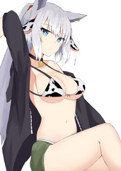1girl absurdres animal_ears animal_print bikini black_jacket blue_eyes breasts closed_mouth commentary_request cow_ears cow_print ear_piercing feet_out_of_frame green_shorts grey_hair hair_between_eyes highres jacket long_hair long_sleeves looking_at_viewer multicolored_hair nyaha open_clothes open_jacket original piercing print_bikini shorts simple_background solo streaked_hair swimsuit translation_request very_long_hair white_background white_hair