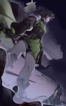 Rule 34 | 1other, 2girls, ambiguous gender, arknights, bare legs, bare shoulders, black background, black boots, black coat, black collar, black hair, black jacket, black shorts, boots, breasts, closed mouth, coat, collar, commentary, crystal horns, crystal tail, detached collar, doctor (arknights), dress, expressionless, faceoff, floating hair, from below, from side, full body, green dress, green eyes, green jacket, green streaks, haaahoi, hair between eyes, hands in pockets, highres, hood, hood up, hooded coat, jacket, kal'tsit (arknights), long hair, long sleeves, looking ahead, looking at another, material growth, medium breasts, mon3tr (arknights), multicolored hair, multiple girls, nose, off shoulder, oripathy lesion (arknights), profile, rhodes island uniform, short shorts, shorts, shorts under dress, sidelocks, simple background, sleeveless, sleeveless dress, sleeves past fingers, sleeves past wrists, smoke, solo, star of life, stethoscope, stethoscope around neck, streaked hair, tail, two-sided fabric, two-sided jacket, underbust, wind, wind lift