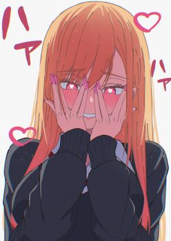 1girl absurdres blonde_hair blue_jacket blush ganetto29 heart heart-shaped_pupils highres jacket kitagawa_marin long_hair nail_polish simple_background smile solo sono_bisque_doll_wa_koi_wo_suru symbol-shaped_pupils upper_body yandere_trance