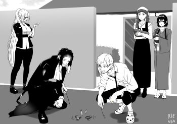 Rule 34 | 2boys, 3girls, akutagawa ryuunosuke (bungou stray dogs), baby, beyblade (object), black hair, bungou stray dogs, character request, highres, higuchi ichiyou (bungou stray dogs), jewelry, multiple boys, multiple girls, nakajima atsushi (bungou stray dogs), outdoors, playing games, rienia, ring, tagme, unamused, wedding ring, white hair