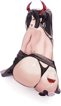 1girl ass azur_lane backboob black_hair breasts cherry chiyu1182 commentary condom condom_packet_strip condom_wrapper cup drinking_glass dutch_angle eating food friedrich_der_grosse_(azur_lane) from_behind fruit hair_over_one_eye high_ponytail highres horns large_breasts looking_at_viewer mechanical_horns orange_eyes ponytail red_horns simple_background sitting solo thong white_background wine_glass