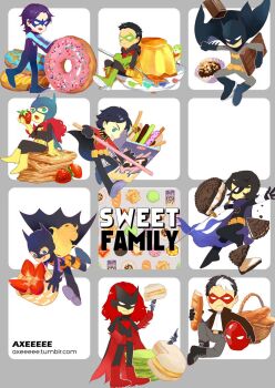 axeeeee barbara_gordon basket batgirl batman batman_(series) batwoman belt bird black_bat black_hair blonde_hair blue_eyes boots bread brothers bruce_wayne cake candy cape cassandra_cain chibi chocolate cookie damian_wayne dc_comics dick_grayson domino_mask donut eating eye_mask family father_and_daughter father_and_son food fruit green_eyes helmet jason_todd kate_kane mask mini_person miniboy minigirl multiple_boys multiple_girls nightwing pastry pocky pudding red_hair red_hood_(dc) robin_(dc) siblings spoon stephanie_brown strawberry tim_drake waffle