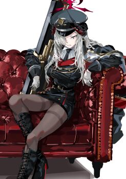 Rule 34 | 1girl, absurdres, black boots, black jacket, black necktie, black pantyhose, black skirt, blue archive, blue eyes, boots, bullpup, couch, demon girl, demon horns, grey hair, gun, hair over one eye, halo, hat, highres, horns, jacket, kazukingu, knee boots, long hair, looking at viewer, makoto (blue archive), necktie, on couch, pantyhose, parted lips, peaked cap, red halo, rifle, sharp teeth, shirt, sitting, skirt, sniper rifle, solo, teeth, thighband pantyhose, walther, walther wa 2000, weapon, white shirt