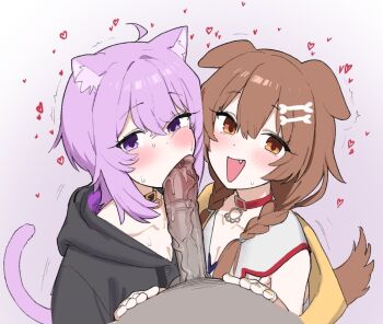 1boy 2girls ahoge animal_collar animal_ears black_collar black_hoodie bone_hair_ornament braid brown_eyes brown_hair brown_tail cat_ears cat_girl cat_tail clothed_female_nude_male collar commentary crossed_bangs dog_ears dog_girl dog_tail double-parted_bangs dress extra_ears fellatio ffm_threesome fried_bocky group_sex hair_between_eyes hair_ornament hairclip heart hetero hololive hood hoodie inugami_korone inugami_korone_(1st_costume) jacket just_the_tip long_hair long_sleeves looking_at_viewer low_twin_braids multiple_girls nekomata_okayu nekomata_okayu_(1st_costume) nude open_mouth oral penis pov pov_crotch purple_eyes purple_hair short_hair tail threesome twin_braids uncensored virtual_youtuber white_dress yellow_jacket