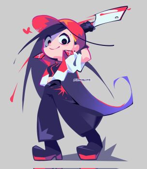 1girl baseball_cap black_eyes black_hair black_pants black_sports_bra blood blood_on_clothes cleaver commentary_request corrupted_twitter_file dawnstar_(xiaoxing) hat highres holding holding_cleaver long_hair pants red_pupils sports_bra vimalion_pro yi_xi_(synthesizer_v)