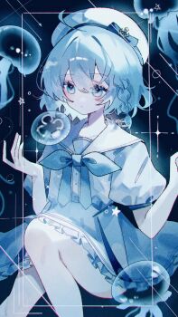 1girl blue_bow blue_bowtie blue_eyes blue_hair blue_skirt blue_theme blush bow bowtie braid bubble closed_mouth frilled_skirt frills hair_between_eyes highres jellyfish original puffy_short_sleeves puffy_sleeves sailor_collar shirt short_hair short_sleeves side_braid simple_ice single_braid skirt solo star_(symbol) white_sailor_collar white_shirt