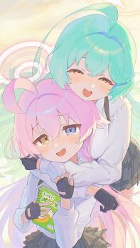 2girls ahoge aqua_hair black_gloves black_skirt blue_archive blue_eyes blush breasts collared_shirt fang fingerless_gloves gloves green_hair hair_between_eyes half-closed_eyes halo heterochromia highres holding holding_notebook hoshino_(blue_archive) hug hug_from_behind huge_ahoge kamin_(monemasu) large_breasts long_hair long_sleeves looking_at_viewer multiple_girls notebook open_mouth pink_hair pink_halo plaid_clothes plaid_skirt pleated_skirt shirt skin_fang skirt smile tearing_up tears white_shirt yellow_eyes yellow_halo yume_(blue_archive)