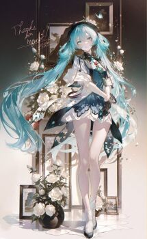 1girl absurdres aqua_eyes aqua_hair black_gloves black_hat blush closed_mouth commentary_request commission dress flower full_body gloves hair_between_eyes hair_ornament half_gloves hat hatsune_miku hatsune_miku_(miku_with_you_2021) highres long_sleeves looking_at_viewer miku_with_you_(vocaloid) pantyhose picture_frame pixiv_commission renoahh rose smile socks twintails twintails_day vase vocaloid white_dress white_flower white_pantyhose white_rose