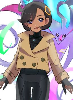 1girl :d black_bodysuit black_gloves black_hair blue_eyes bodysuit bodysuit_under_clothes brown_jacket commentary_request covered_collarbone cowboy_shot emma_(pokemon) eyelashes gen_6_pokemon gloves happy highres jacket long_sleeves looking_at_viewer malamar mega_malamar nintendo open_mouth pokemon pokemon_(creature) pokemon_legends:_z-a ring_hair_ornament short_hair smile sori_(pstr5785) white_background