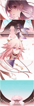 2girls absurdres animal_ears aqua_background architecture armor asymmetrical_sleeves back back_bow bare_shoulders black_thighhighs blunt_bangs blurry bow braid bridal_gauntlets cherry_blossoms chinese_commentary close-up closed_mouth collarbone couple depth_of_field detached_sleeves east_asian_architecture falling_petals fox_ears fox_girl bad_tag from_behind from_side genshin_impact glowing glowing_hair gradient_hair hair_between_eyes hair_flowing_over hair_ornament head_tilt headpiece highres japanese_armor japanese_clothes jewelry kimono leaning_to_the_side light_smile long_braid long_hair long_sleeves looking_at_viewer looking_down looking_to_the_side mole mole_under_eye motion_blur multicolored_hair multiple_girls neck_ribbon nontraditional_miko off_shoulder open_mouth outdoors pendant petals pink_hair pink_petals purple_eyes purple_hair raiden_shogun red_ribbon red_sash ribbon sash shade shoulder_armor single_braid sky sleeveless standing thighhighs tree uneven_sleeves wide-eyed wide_sleeves xianyangyutoumalingshu yae_miko yuri
