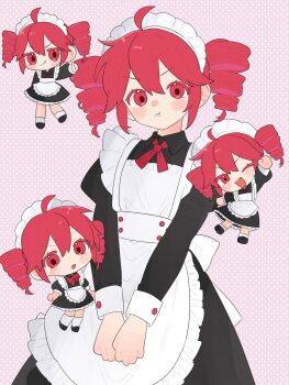 1girl :t ahoge apron back_bow black_dress blush_stickers bow buttons chibi chibi_inset commentary_request cowboy_shot dot_nose dress drill_hair frilled_apron frills hair_between_eyes highres juliet_sleeves kasane_teto komori_kamome long_sleeves looking_at_viewer maid maid_apron maid_headdress pink_background polka_dot polka_dot_background puffy_sleeves red_eyes red_hair sidelocks twin_drills utau white_apron wing_collar