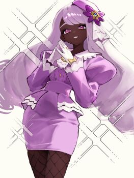 1girl absurdres dark-skinned_female dark_skin dress fascinator fishnets frills gloves hair_ornament highres jacinthe_(pokemon) jewelry juliet_sleeves kasumi_6 long_hair long_sleeves looking_at_viewer low_drills nintendo open_mouth pokemon pokemon_legends:_z-a puffy_sleeves purple_dress purple_eyes purple_hair ring smile solo very_dark_skin white_gloves