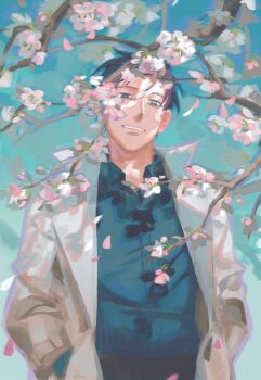Rule 34 | 1boy, :d, black hair, black shirt, cherry blossoms, cherry tree, coat, collared shirt, commentary, english commentary, grin, hand in pocket, head tilt, highres, kim dokja, looking at viewer, male focus, nemomosso, omniscient reader's viewpoint, open clothes, open coat, open mouth, shirt, short hair, smile, solo, white coat, wind