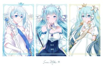 3girls :d blue_eyes blue_hair boots borrowed_design choker collarbone crown detached_sleeves dress elbow_gloves finger_to_own_chin floating_hair gloves gold_trim gradient_hair hair_between_eyes hand_up hatsune_miku head_tilt holding holding_staff holding_wand index_finger_raised long_hair looking_at_viewer low-tied_long_hair mini_crown multicolored_hair multiple_girls musical_note one_eye_closed open_mouth osage_(osage8545675) puffy_detached_sleeves puffy_sleeves ribbon sash shoulder_sash smile snowflake_print snowflakes staff strapless strapless_dress striped_ribbon twintails upper_body very_long_hair vocaloid wand white_boots white_dress white_gloves white_sleeves yuki_miku yuki_miku_(2019) yuki_miku_(2019)_(candidate_no.4) yuki_miku_(2019)_(candidate_no.6)