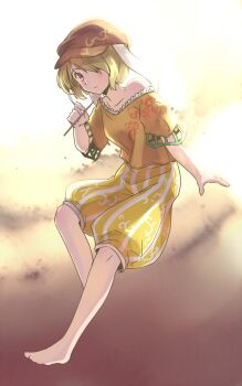 Rule 34 | 1girl, animal ears, barefoot, blonde hair, brown hat, collarbone, commentary request, floppy ears, fog, hair over eyes, hand up, hat, holding, holding stick, knee blush, knees, light blush, light frown, no toes, one-hour drawing challenge, orange background, orange shirt, puffy shorts, rabbit ears, rabbit girl, rangycrow, red eyes, ringo (touhou), shirt, shorts, single bare shoulder, solo, stick, striped clothes, striped shorts, touhou, yellow shorts