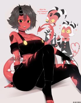 1girl 2021 2boys absurdres ace_of_bros adapted_costume alternate_costume arm_tattoo ass bare_shoulders black_hair blitzo_(helluva_boss) blush breasts buttons colored_skin dated english_text facial_mark feet_out_of_frame fingerless_gloves gloves grey_background heart heart_tattoo hellaverse helluva_boss highres horns large_breasts looking_at_viewer millie_(helluva_boss) mole mole_under_eye moxxie_(helluva_boss) multiple_boys on_floor overalls red_eyes red_skin smile tail tattoo toeless_legwear torn_clothes torn_legwear white_hair yellow_eyes