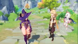 1boy 2girls 3d aether_(genshin_impact) animated ass curvy from_behind genshin_impact hat hazeker highleg highleg_leotard huge_ass leotard long_hair mona_(genshin_impact) multiple_girls paimon_(genshin_impact) sound thick_thighs thighs twintails very_long_hair video walking wide_hips witch_hat